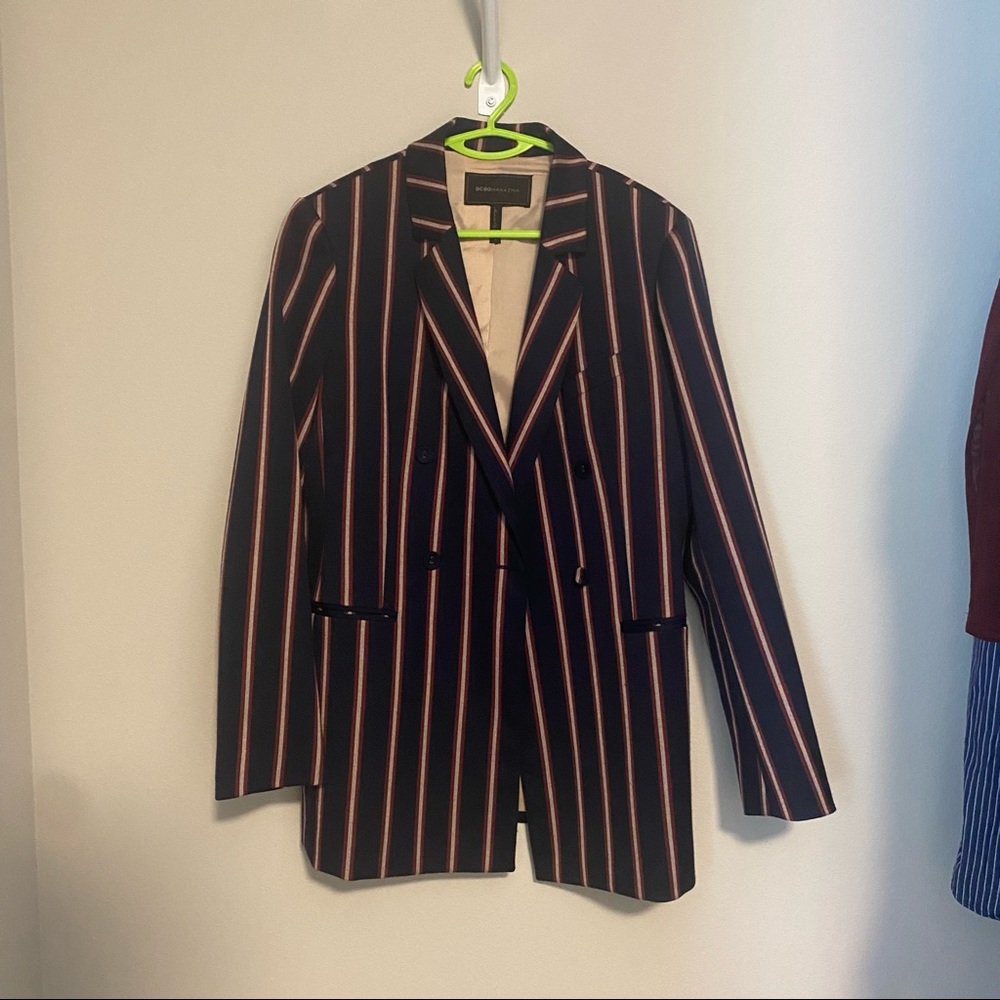 BCBG MaxAzria wine red and navy blue stripes blazer